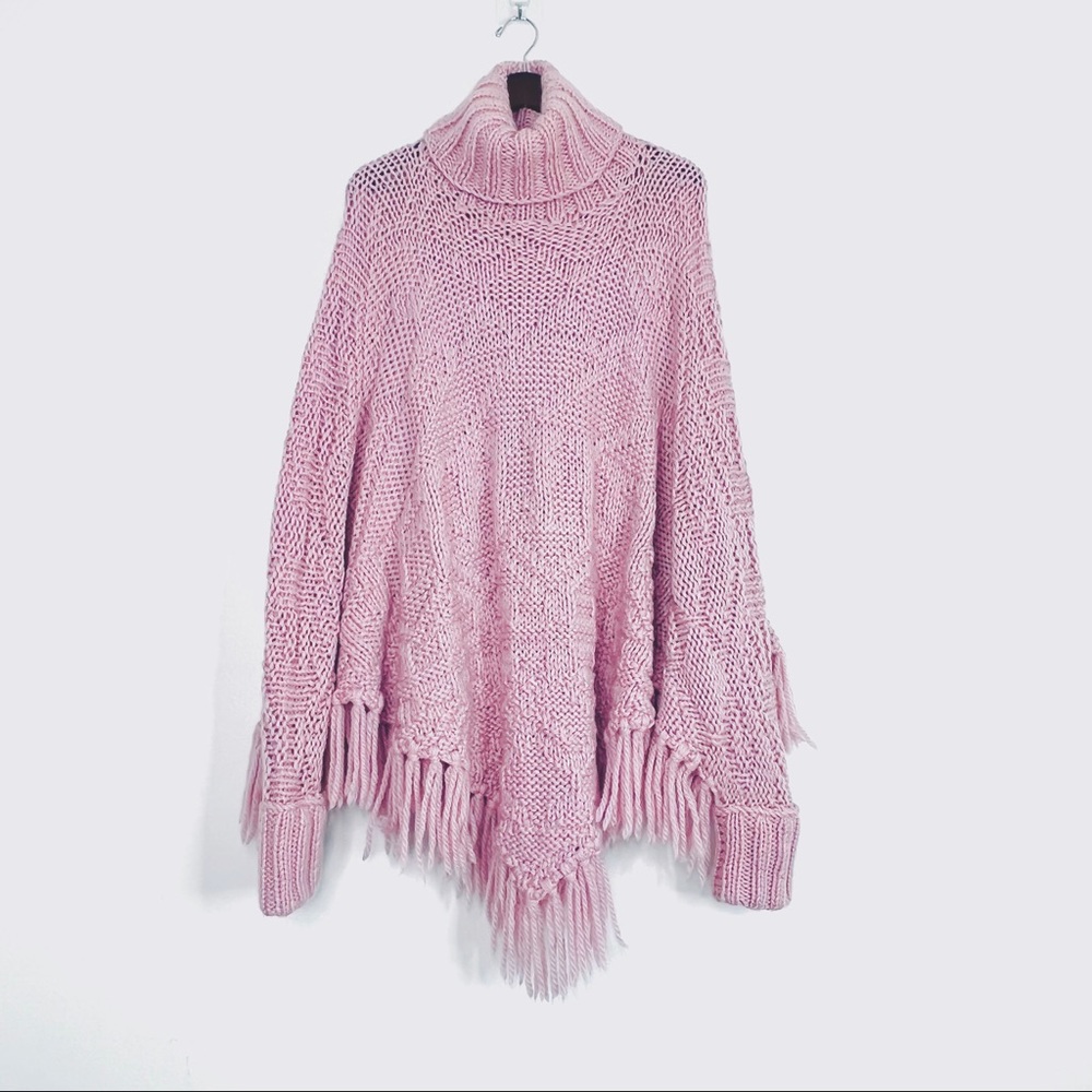 100% wool Elegant Mauve Turtleneck Poncho Sweater - Picture 10 of 13